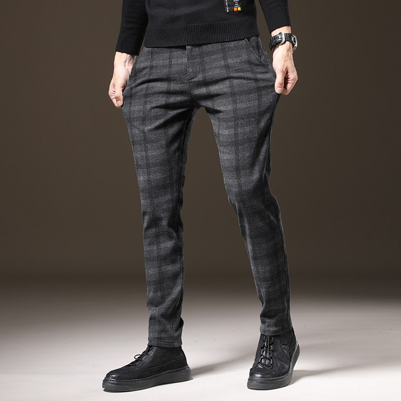 男裤春季长裤男士英伦风格子青年磨毛休闲裤修身休闲裤