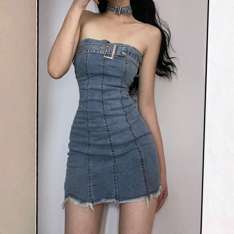 设计感纯欲抹胸牛仔裙夏收腰辣妹性感弹性女夏高腰紧身包臀连衣裙