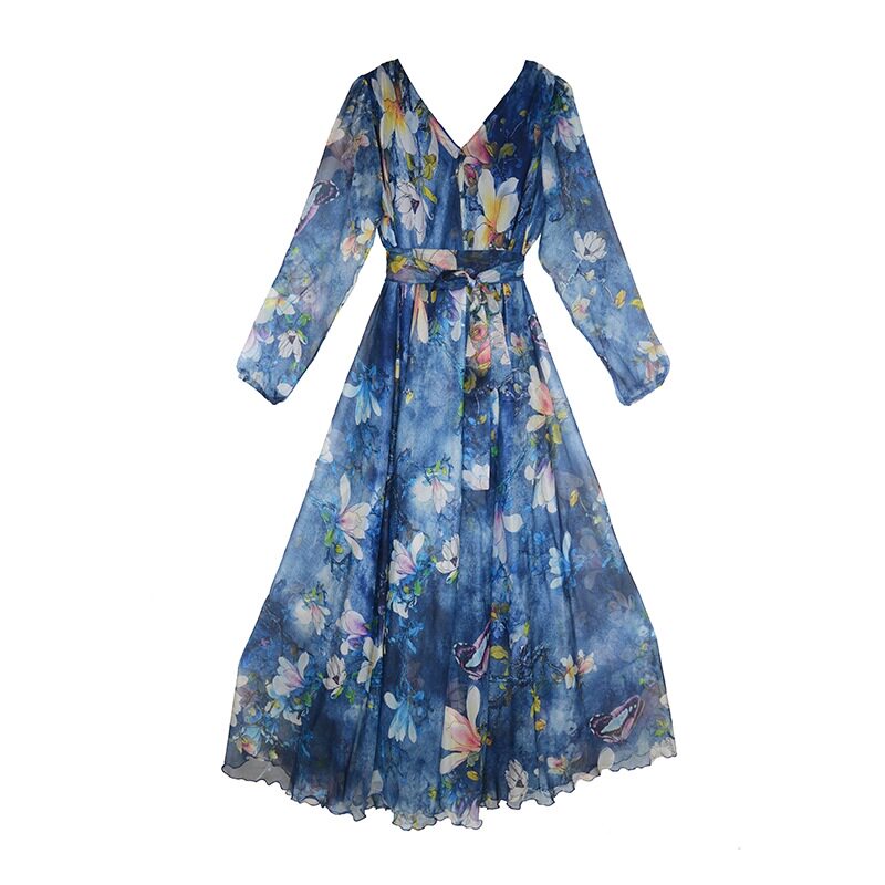 三亚沙漠旅游衣服超仙花色大摆拖尾拍照长裙连衣裙