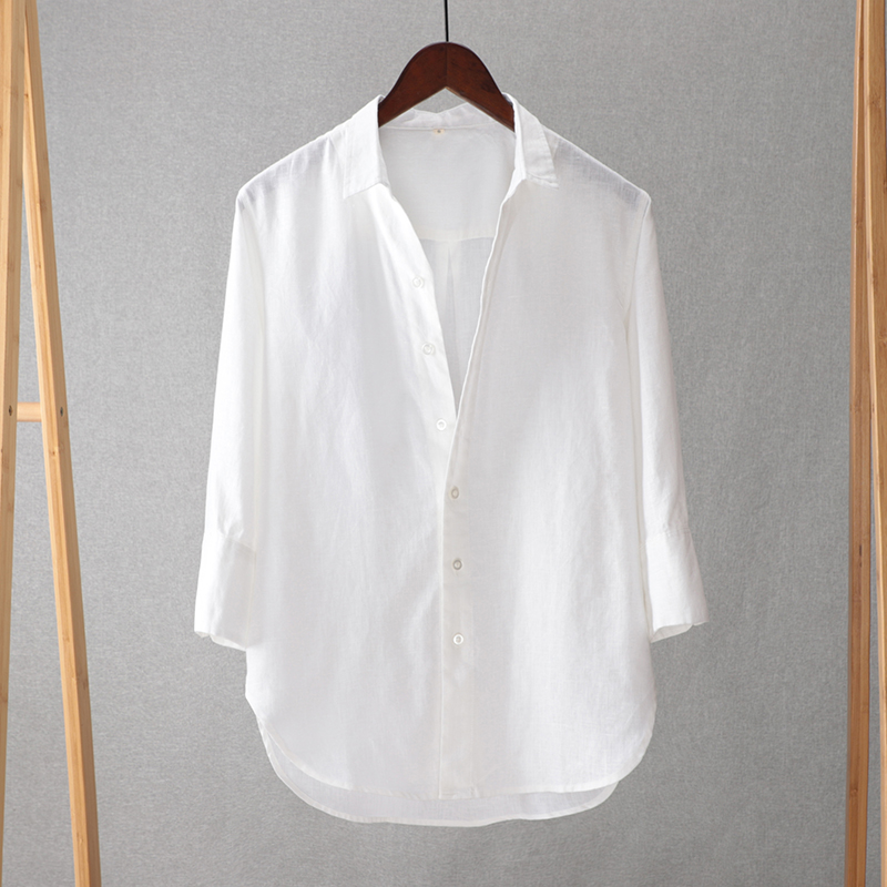 夏季新款男士七分袖亚麻衬衫宽松薄款透气纯色棉麻衬衣男白色柔软
