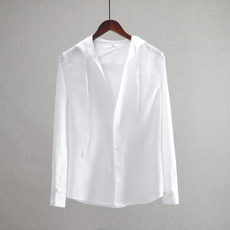 春夏新款连帽长袖纯色亚麻衬衫男薄款宽松纯色青年棉麻衬衣时尚潮