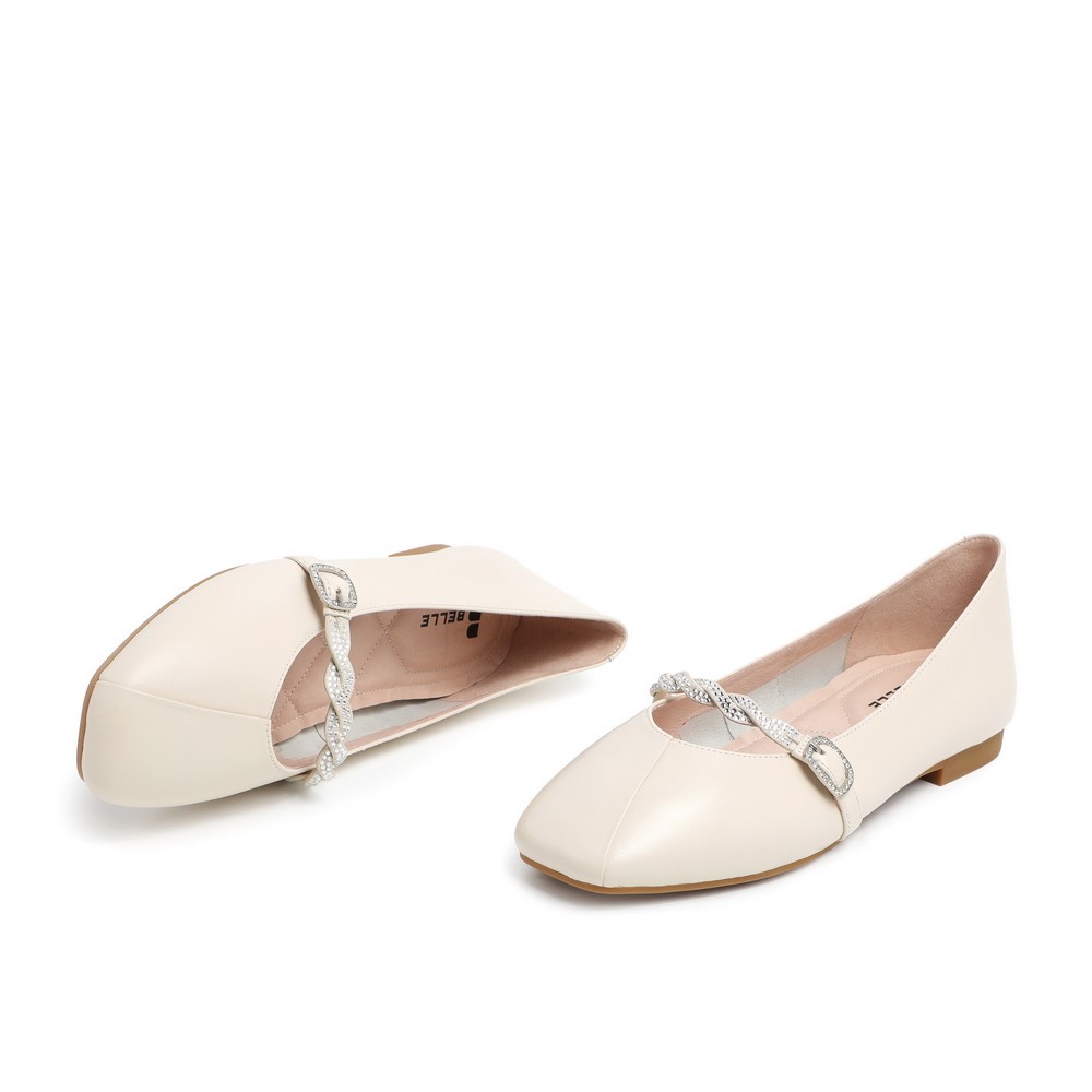 2021年百丽新款真皮百搭奶奶闪钻平底女单鞋小单鞋