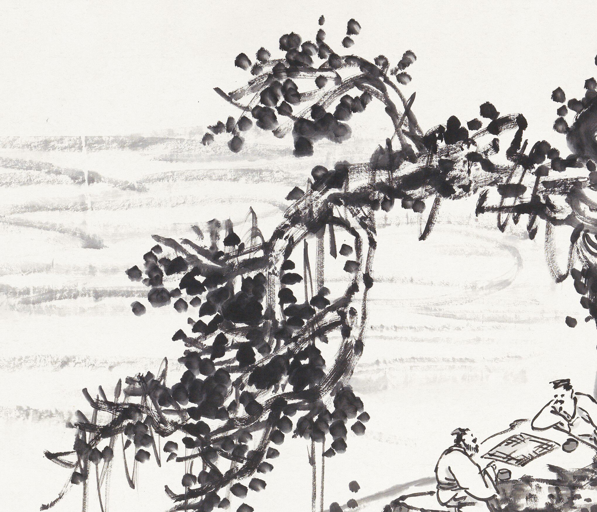 吴昌硕国画清微高清微下棋松溪人物山水画横幅名家国画
