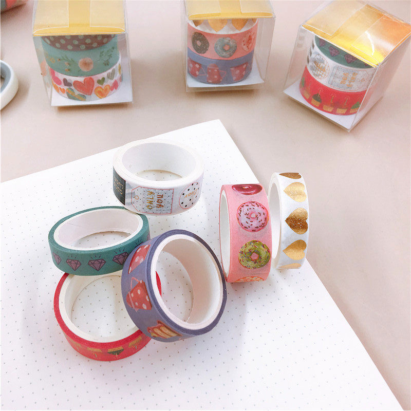 手帐胶带pvc盒装卷装甜甜圈钻石杯子祝福语胶带
