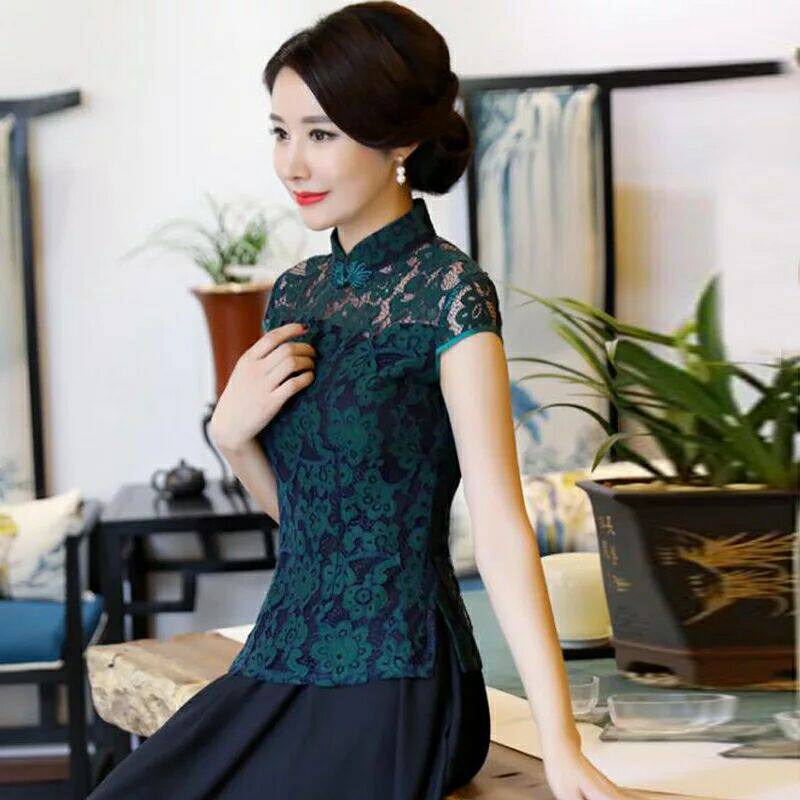 蕾丝短袖旗袍女夏改良时尚短款女装日常修身上衣