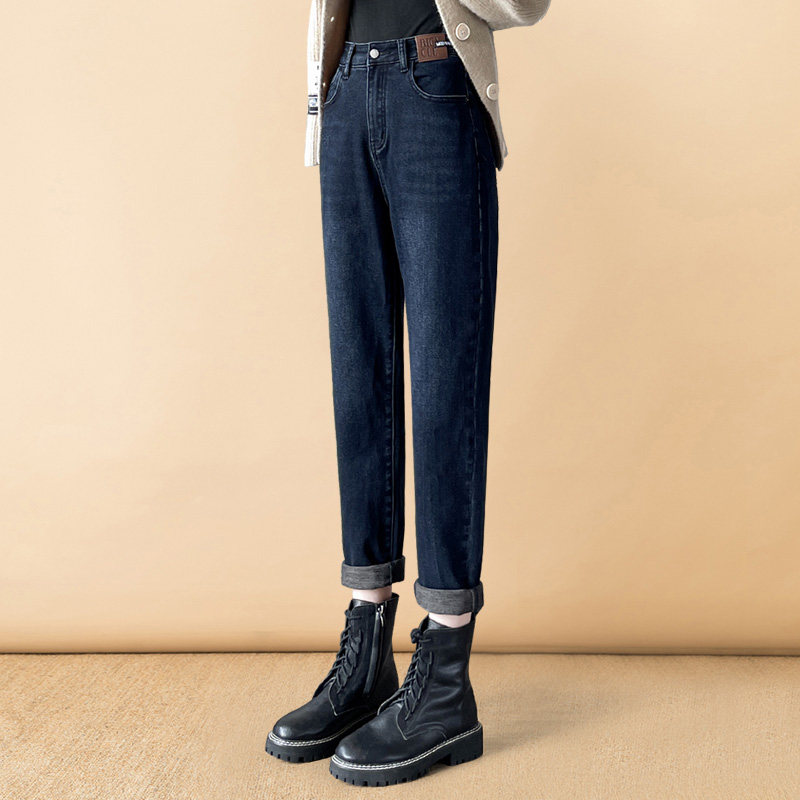 加长裤子女高个子高腰老爹牛仔裤加绒加厚秋冬季薄绒直筒哈伦175