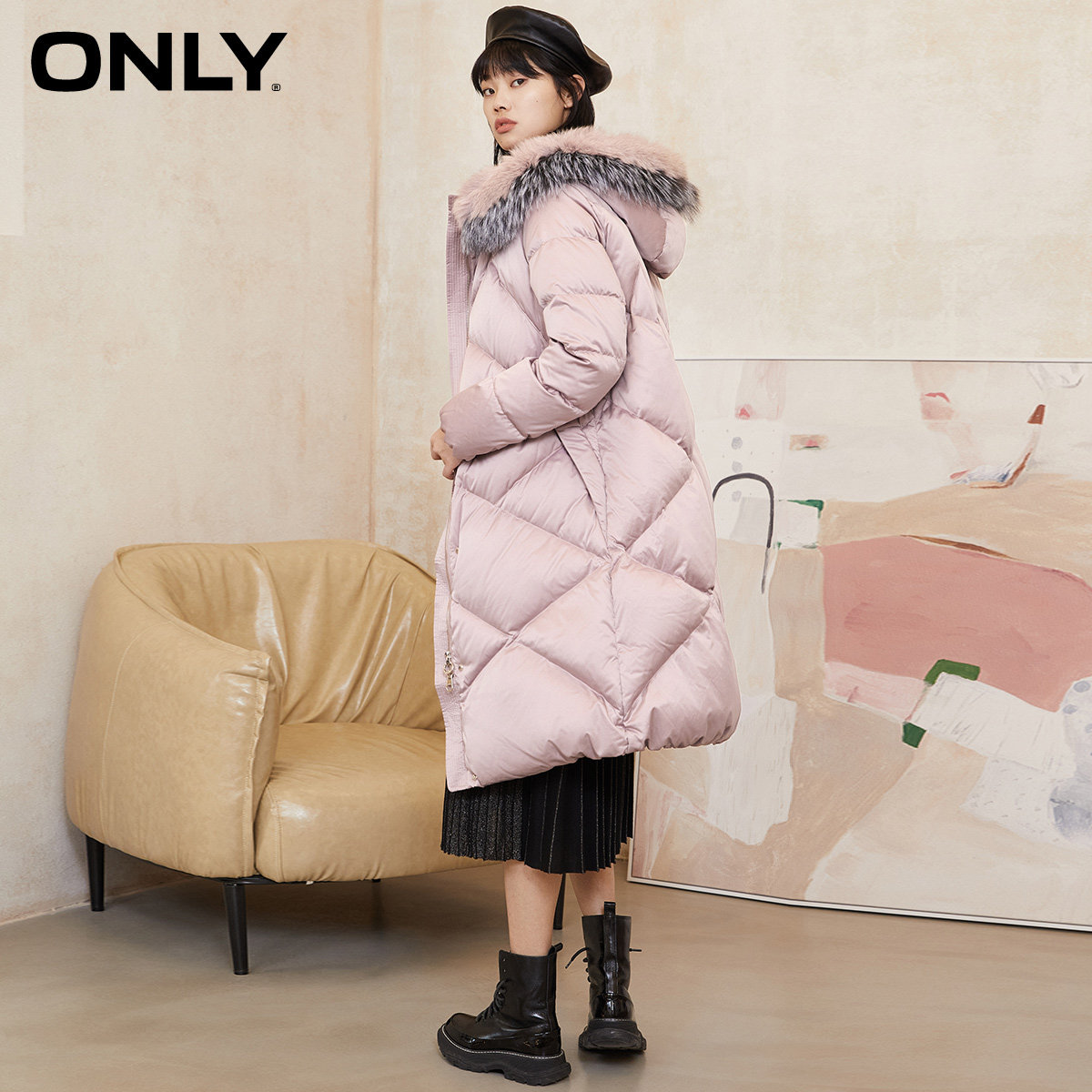 only2020秋季狐狸大毛领白鸭绒长款羽绒服女|119312509