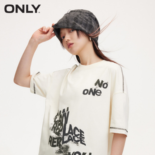 【宽松落肩T】ONLY2024夏季新款潮酷撞色线条设计印花短袖T恤女