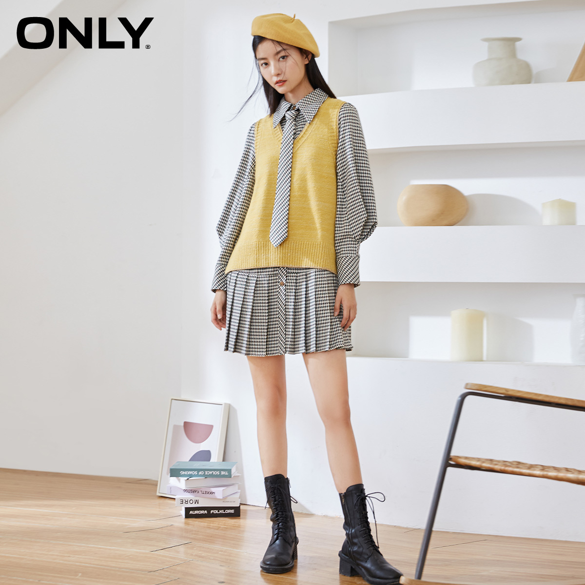 only2020冬季新款两件件套针织学院风格格子百褶裙连衣裙