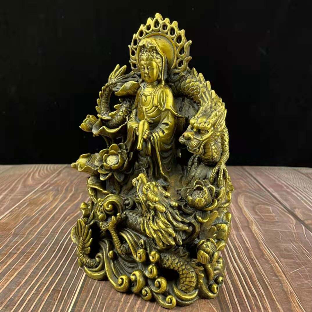 纯铜乘龙观音佛像双龙戏水观世音菩萨铜像祈福摆件