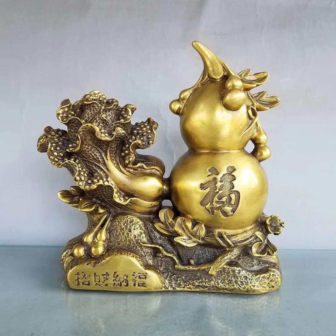 纯铜百财聚宝盆摆件竹节高升福禄白菜家居办公室摆件