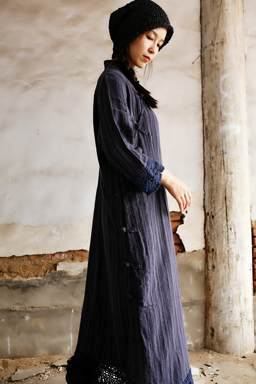 清仓蓝竹设计宽松纯棉土布长袖旗袍手工钩花连衣裙