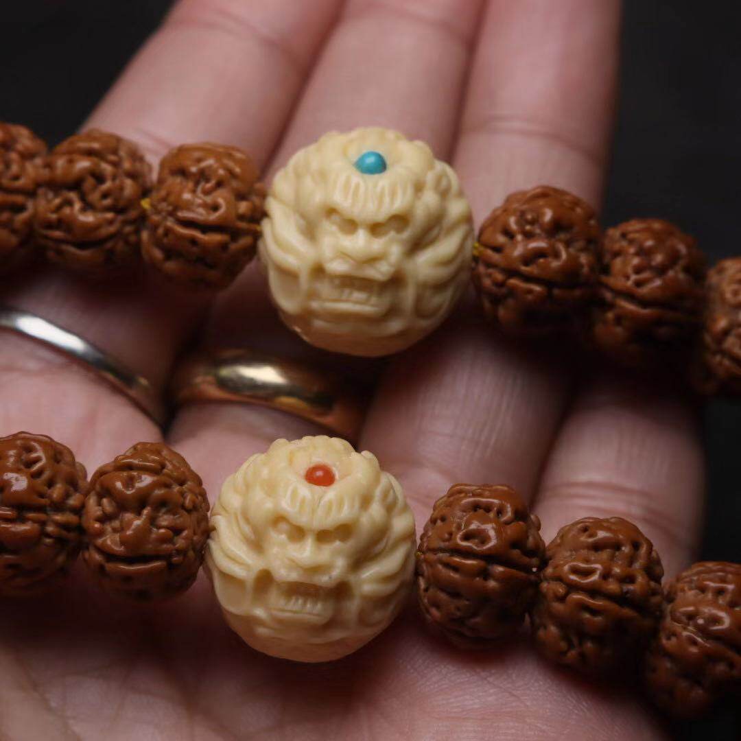 天然金膏玉玉化龙珠镶嵌南红红绿松顶珠隔佛珠佛珠