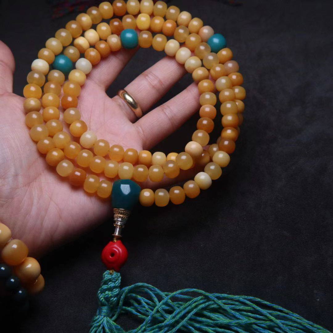 天然黄玉化料老型佛珠长串多圈手链项链雪巴菩提