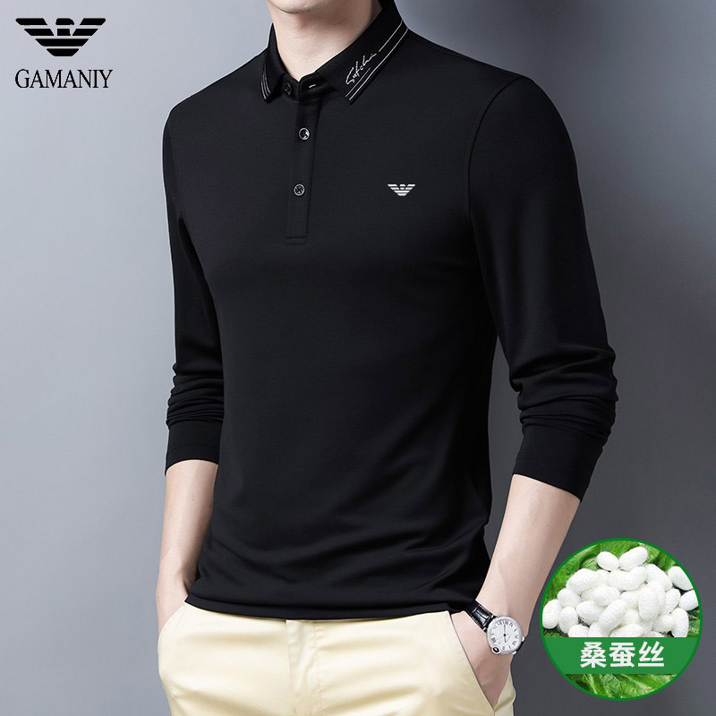 奇 阿玛尼 亚长袖t恤男桑蚕丝翻领冰丝男士含山羊绒打底体恤衫潮