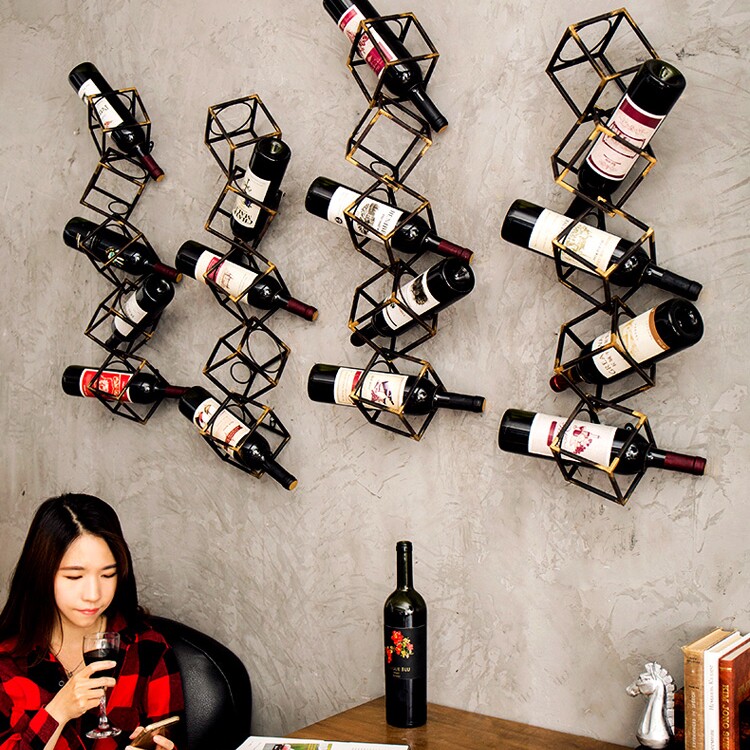 现代复古做旧墙面壁挂式红酒金属铁艺创意几何红酒架