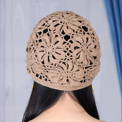 手工钩花子女镂空针织单层透气优雅花朵包头复古编织四季帽子