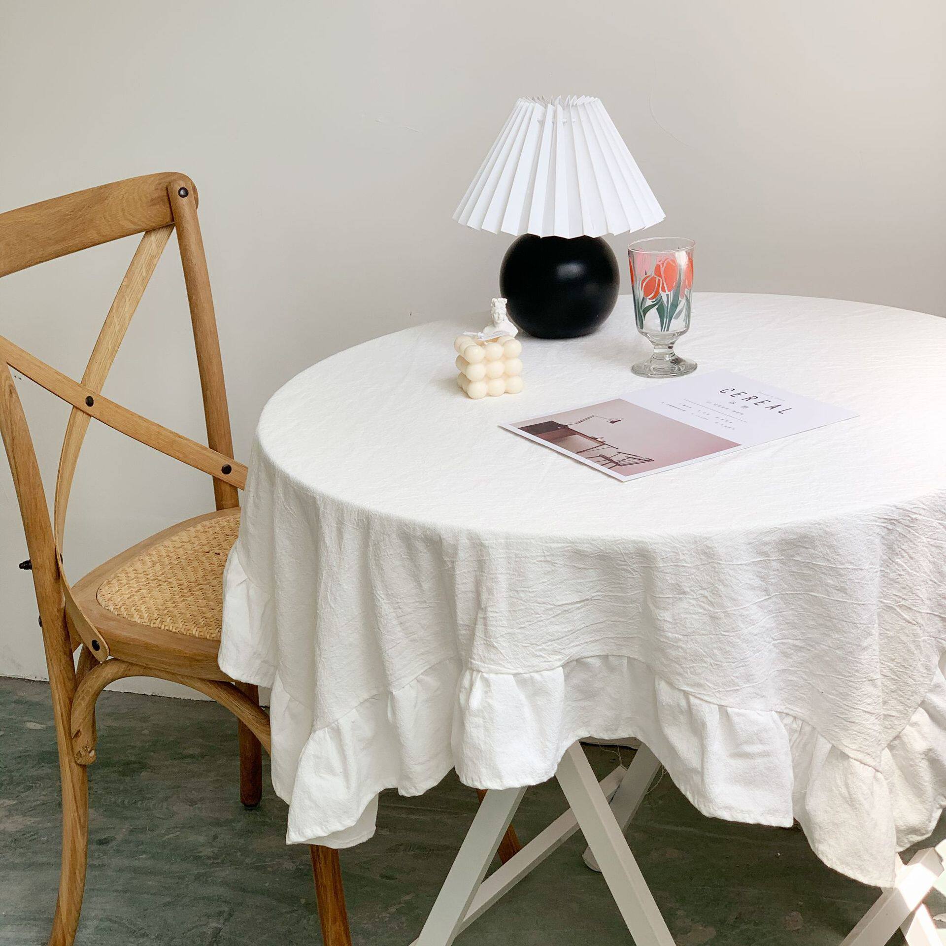 桌布ins荷叶边桌法式复古白色摆拍背景民宿圆桌布