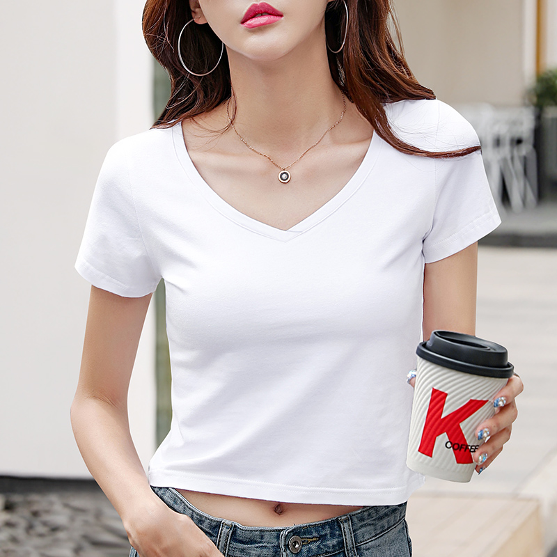 短款纯棉性感低领肚脐百搭纯色女露上衣领上t恤