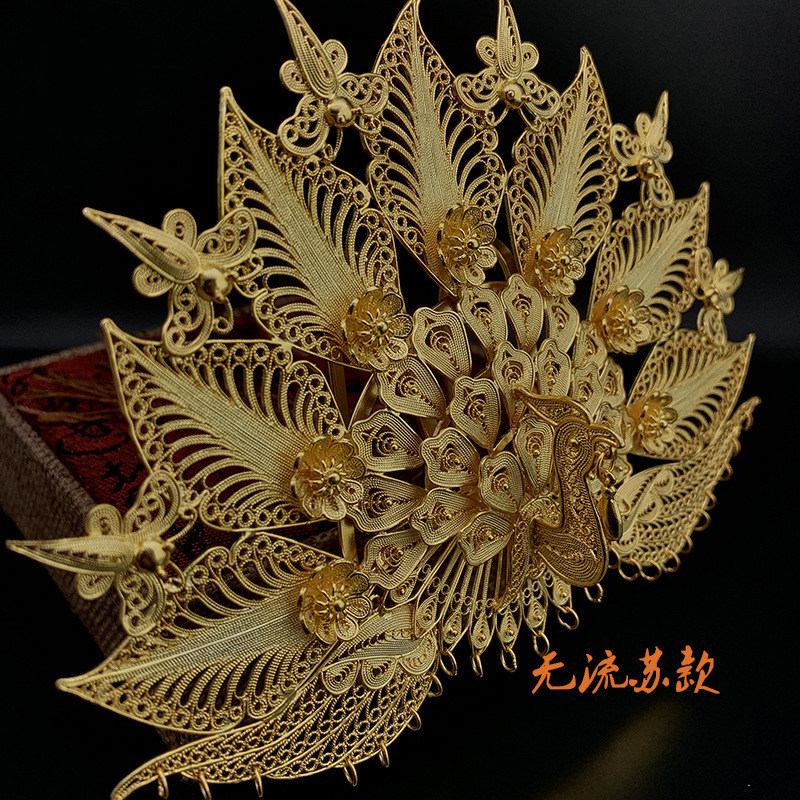 花丝镶嵌纯银镀金明制中式发冠宫廷凤冠流苏凤钗汉服婚礼后压发饰