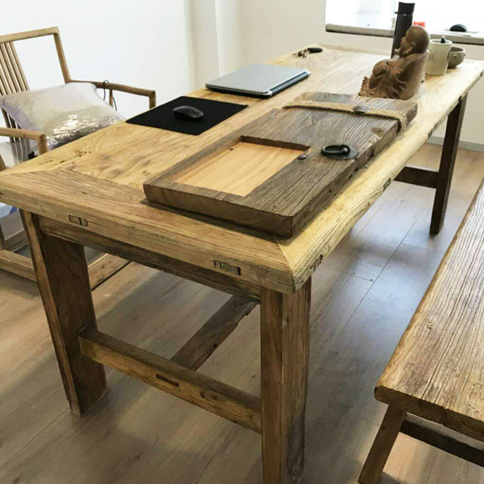 榆木门板茶桌实木吧台禅意老茶台复古怀旧风化吧台