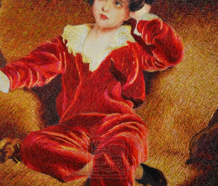 7083苏绣世界名画红衣男孩乱针绣油画人物刺绣画