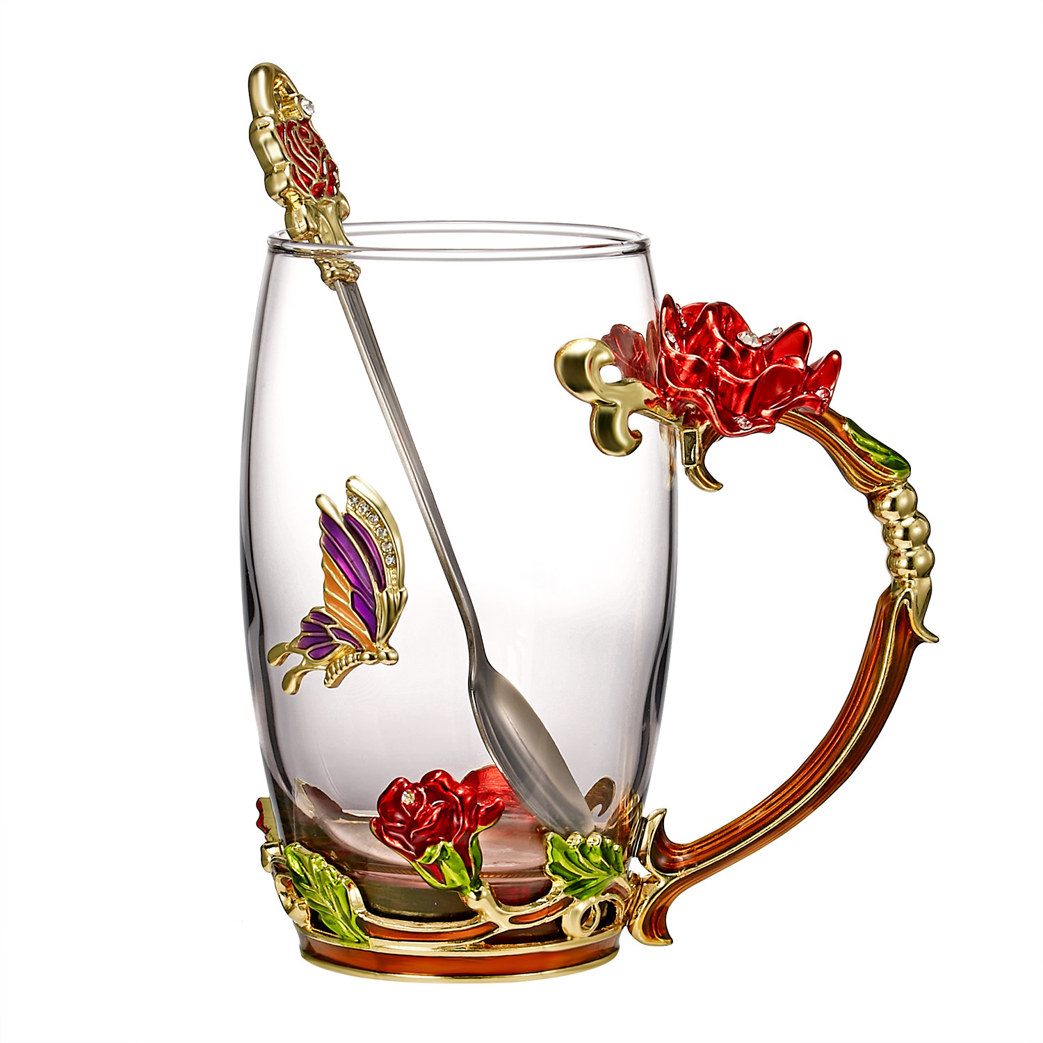 珐琅咖啡杯玻璃带盖套装创意欧式杯子家用客厅玻璃杯