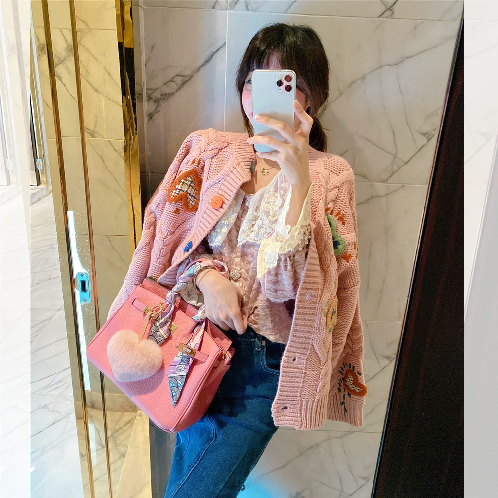 jenniferjxliu韩国贴布刺绣小桃粉红色麻花棒针毛衣毛衣