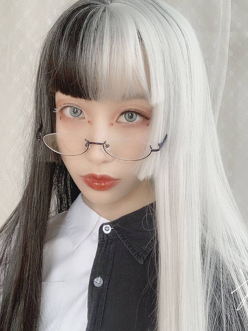 双拼黑白阴阳cos男女假发空气刘海长直发网红lolita姬发式全头套