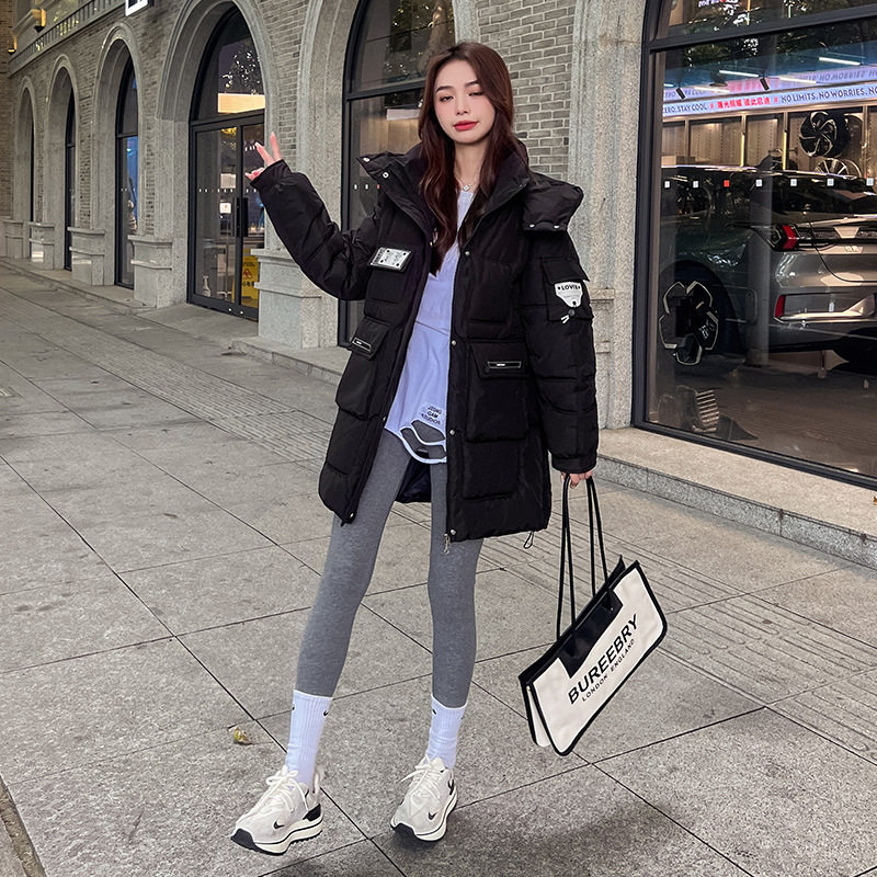 大口中长棉袄大码宽松潮流冬季款冬口袋新中长棉衣