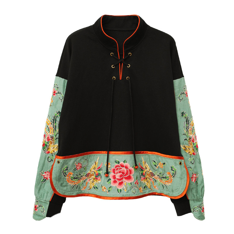 花制作颜青原创民族风刺绣卫衣中式立领绣花休闲卫衣