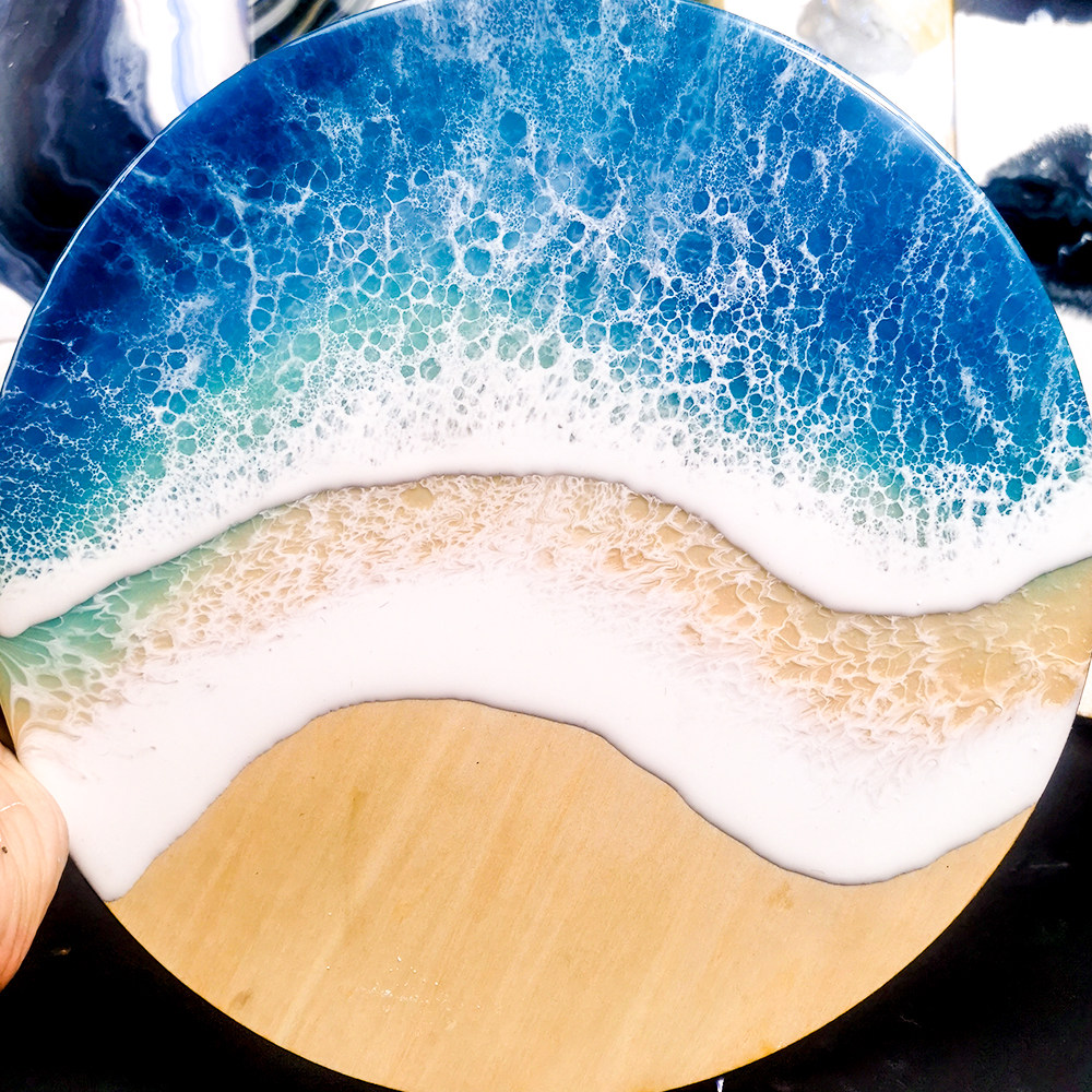 流体海浪卷猫树脂画滴胶封层粉色diy手机机壳丙烯颜料