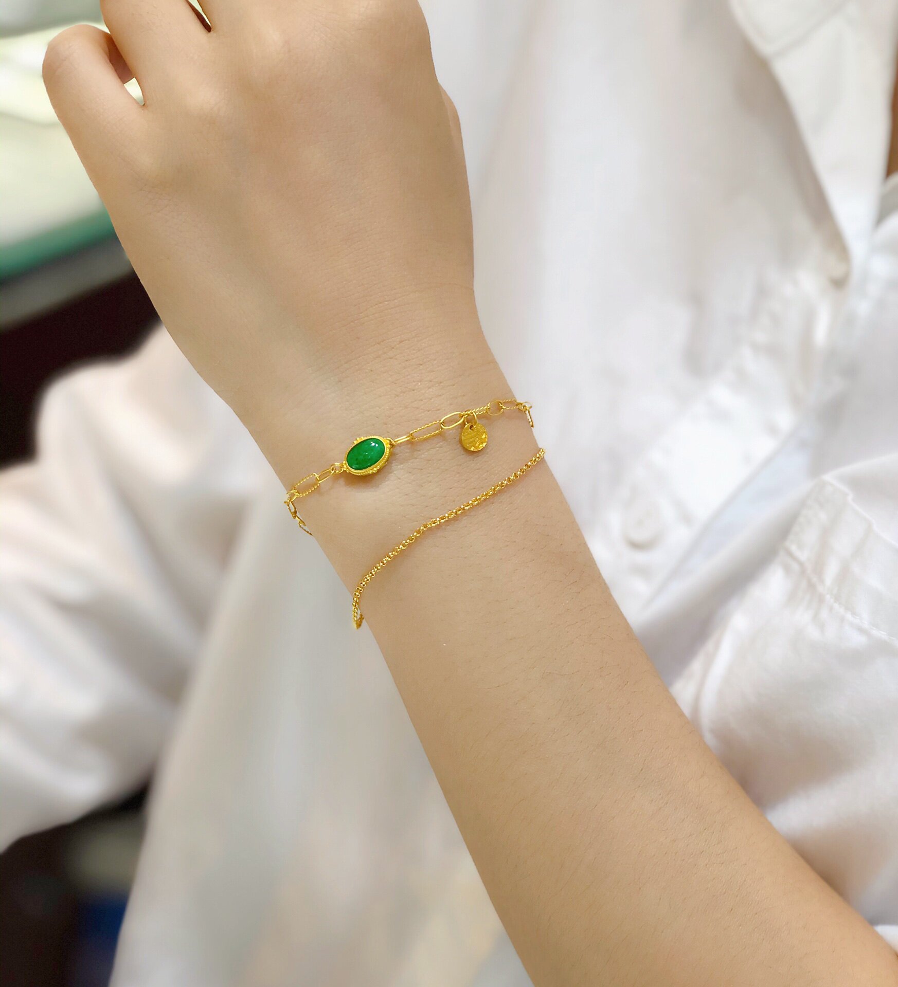 足金黄金平安喜乐双层手链18k翡翠手工麻花层叠手饰