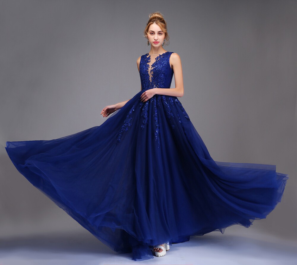 高端晚礼服宴会优雅气质蓝色亮片贴花无袖长款礼服