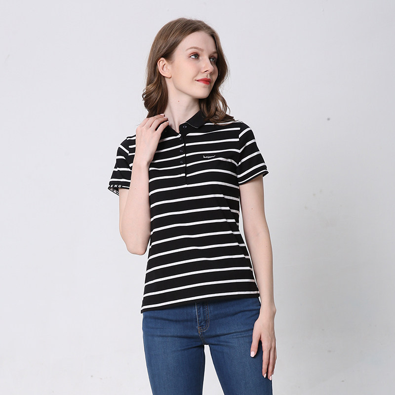 威鹏夏季纯棉polo衫女薄款透气条纹百搭翻领t恤