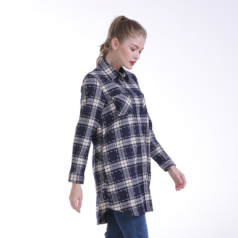 中长衬衣威鹏女秋款新款长袖格子宽松方领款大码衬衫