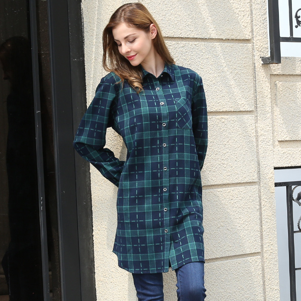 威鹏长袖衬衫女春秋装墨绿色格子磨毛休闲中长衬衫