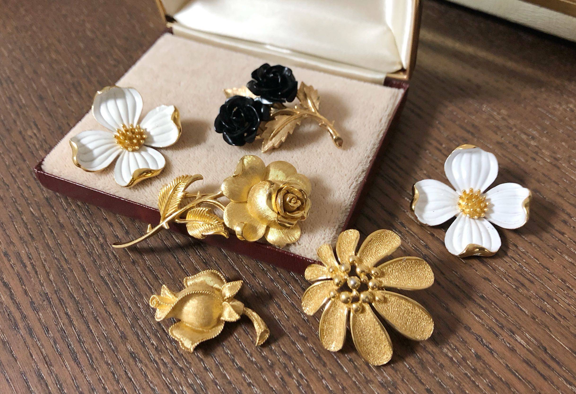 vintage首饰crowntrifari翠法胸花珐琅茱萸玫瑰复古胸针