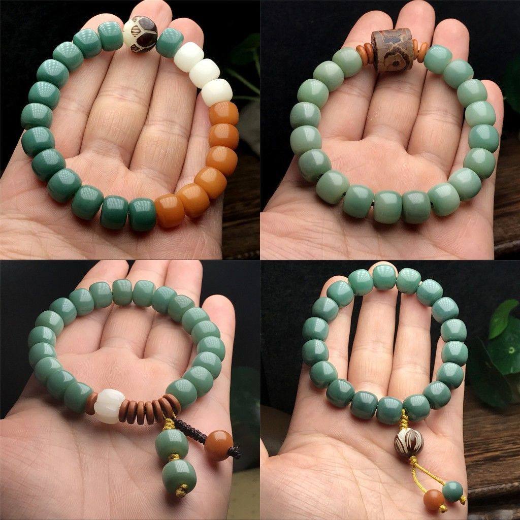 天然菩提根手串阴皮绿桶复古名族风化白玉佛珠手链