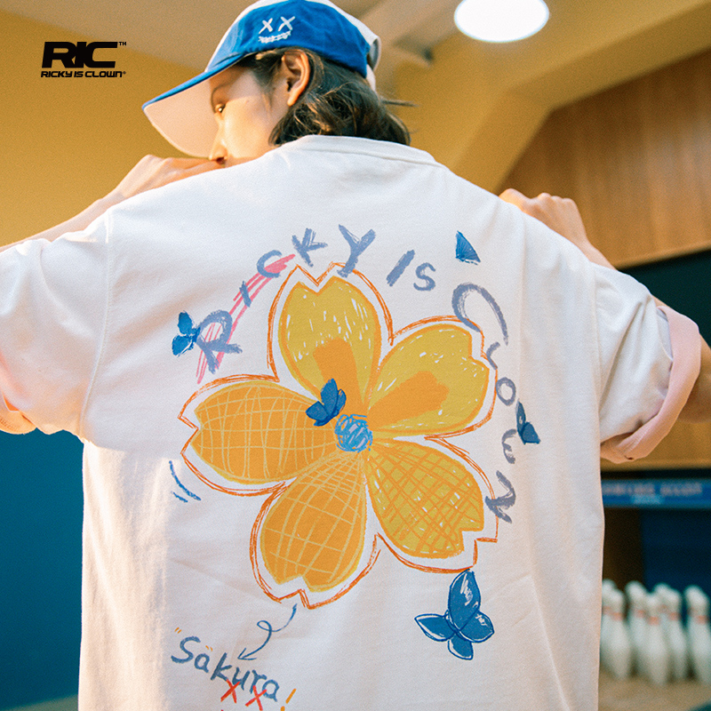 RickyisClown JOKE RiC小丑蜡笔蝴蝶樱花短袖T恤男国潮牌情侣夏装