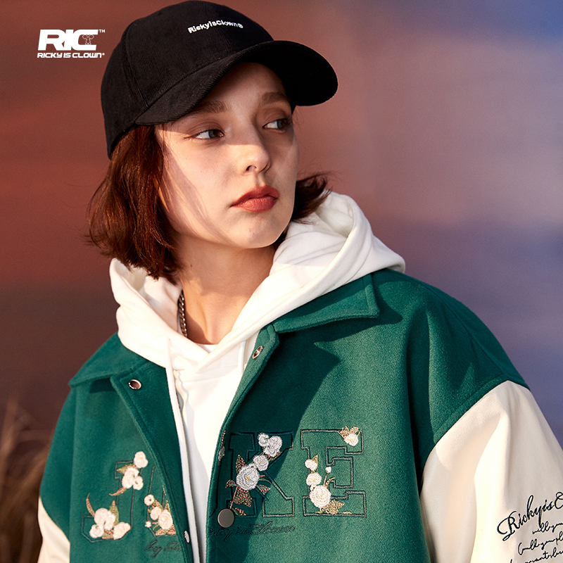 RickyisClown JOKERiC山茶花刺绣撕裂笑脸加棉棒球服夹克外套男潮