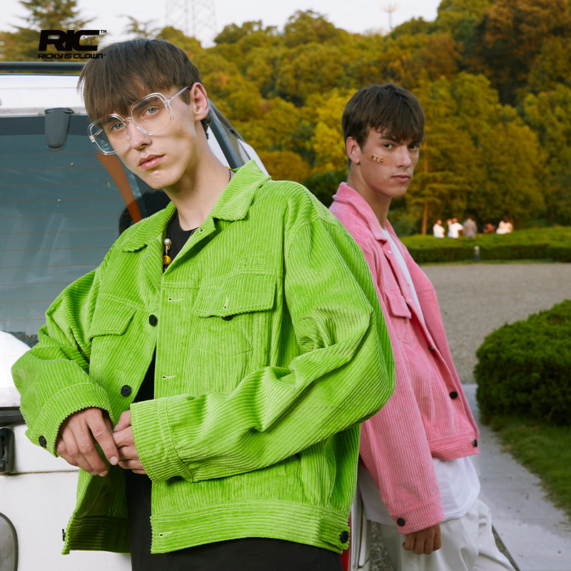 rickyisclownric小丑撕裂笑脸灯芯绒休闲夹克外套男国潮牌情侣装