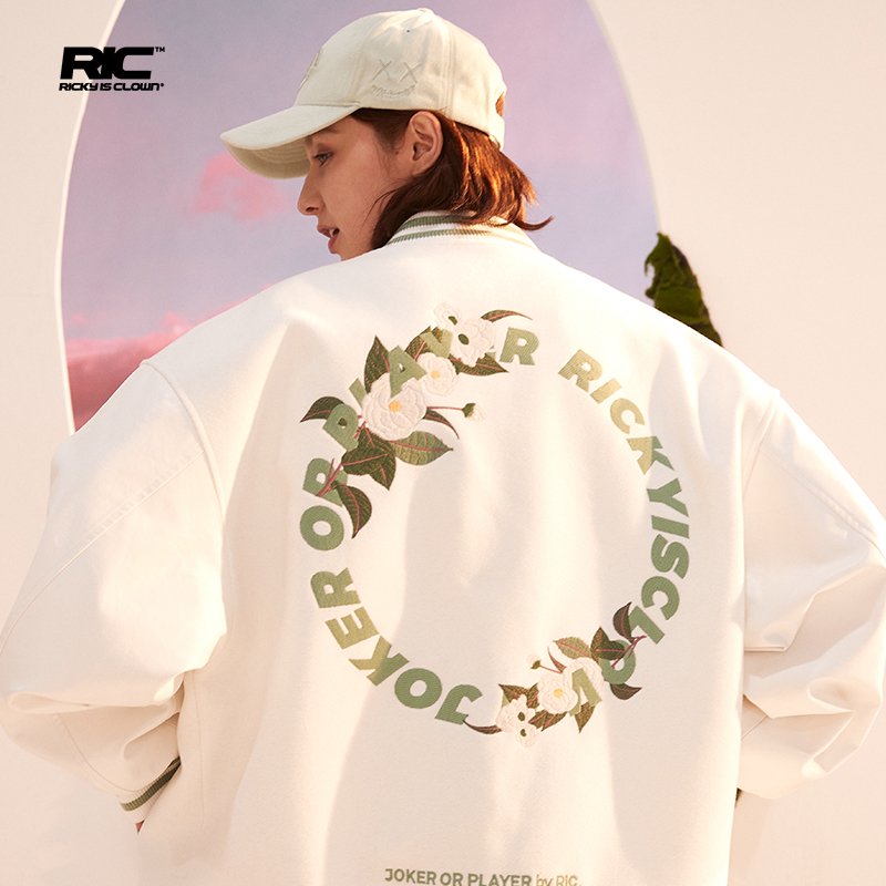 RickyisClown JOKERiC小丑山茶花圆圈字刺绣棒球服夹克外套男潮牌