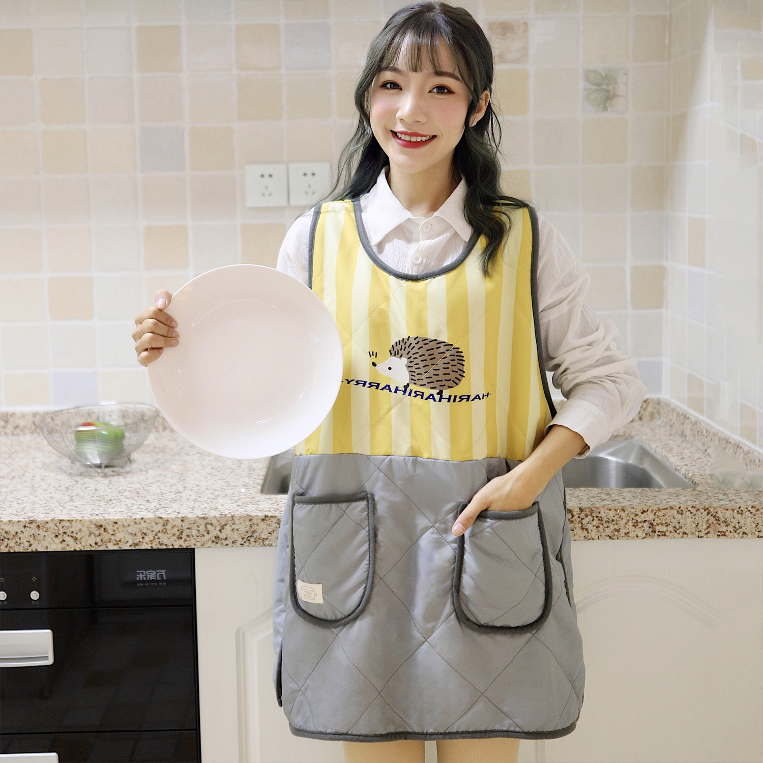 短款加绒保暖时尚围裙加厚背心马夹纯棉无袖围裙