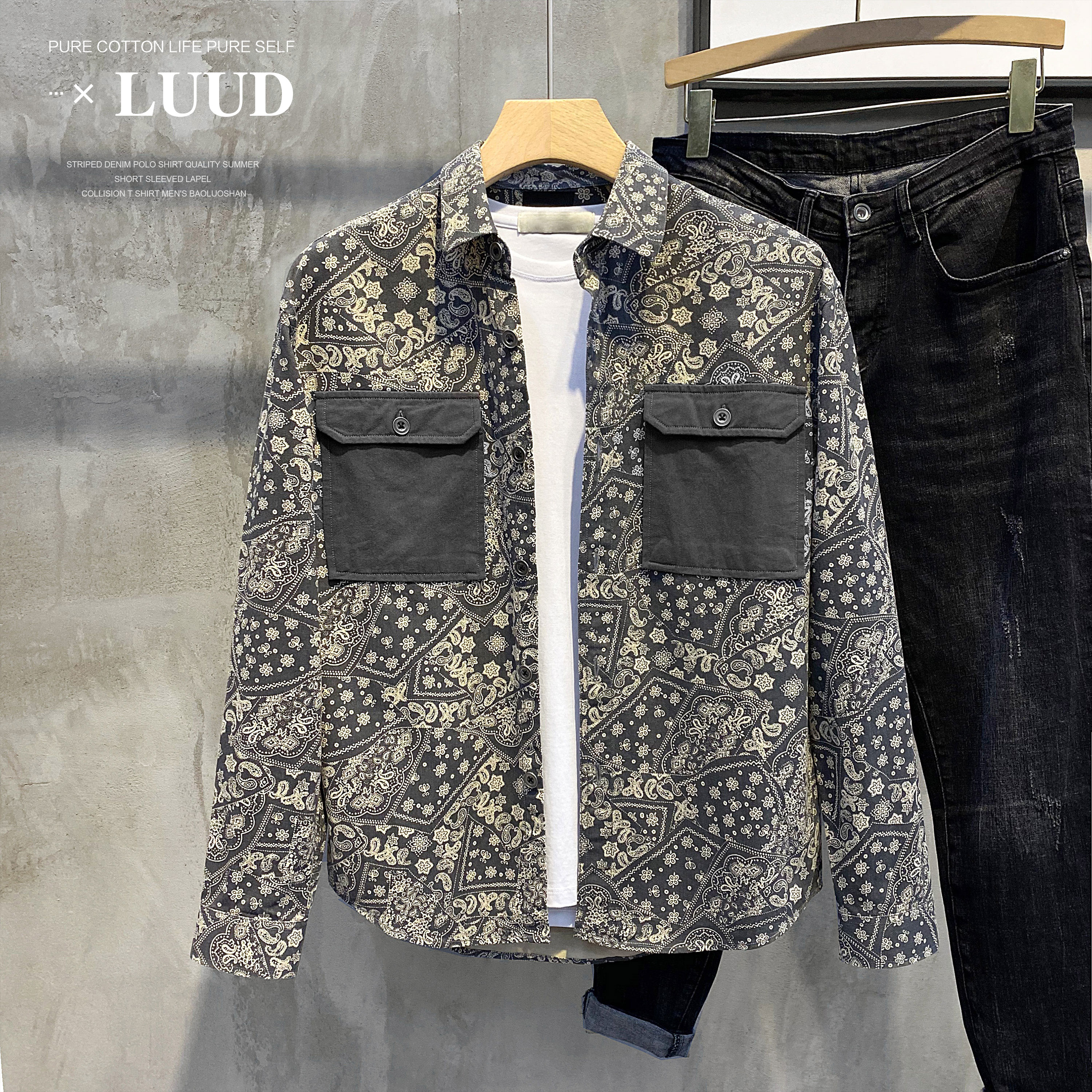 LUUD 新款复古个性花色薄款夹克衬衣春季潮牌休闲长袖上衣外套男