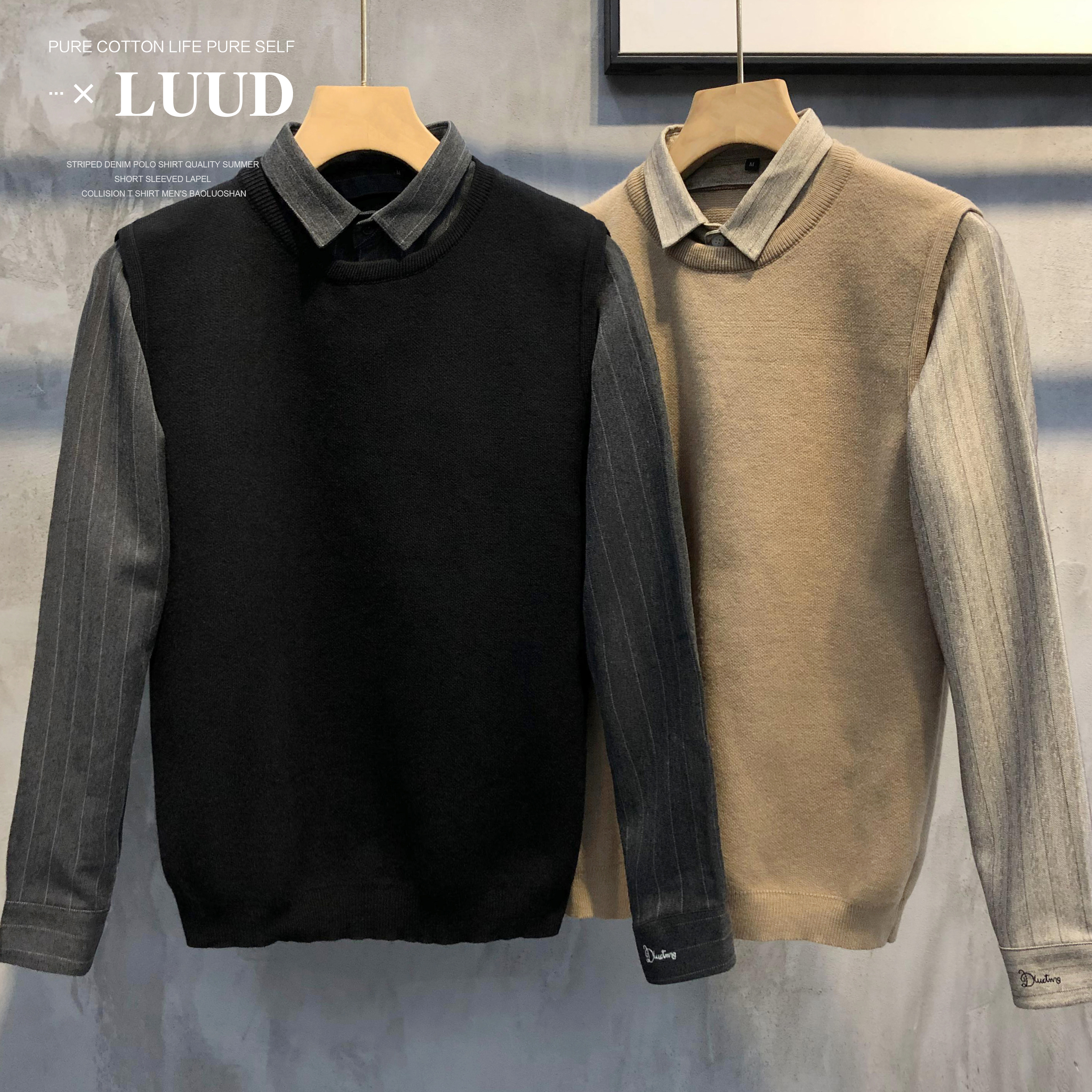 LUUD 秋冬英伦男士修身加厚假两件针织衫加绒毛衫拼接衬衫领外套