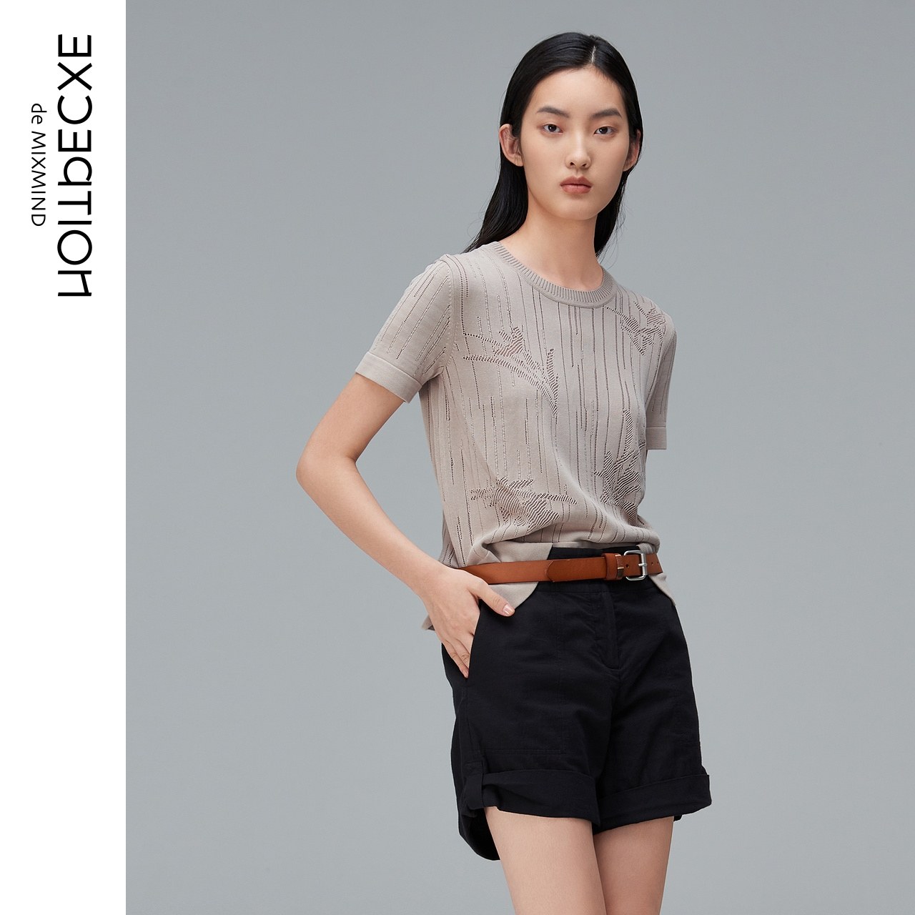 exception例外女装夏季毛织提花简约棉质莫代尔修身毛针织衫