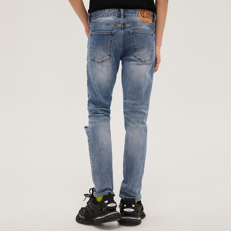 卡宾男装黑色青年街头牛仔裤春夏新款偏厚破洞牛仔裤