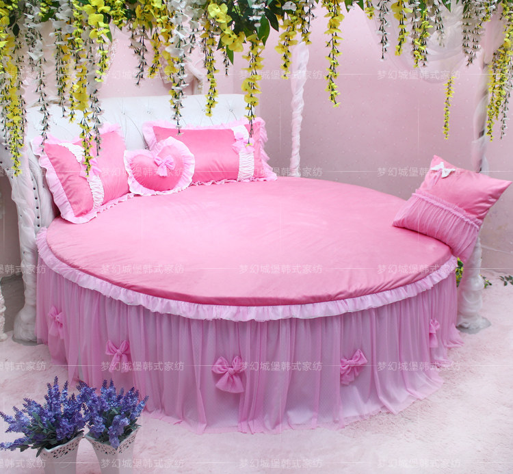 圆床件套公主主题圆形床品纯棉粉色芭比四件床品套件