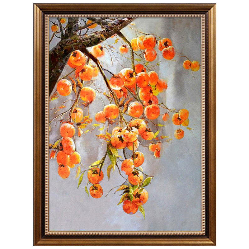 手绘中式油画柿子事事如意玄关装饰画竖版 走廊过道招财风水挂画
